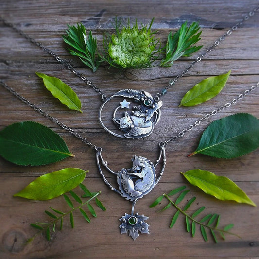 The Sleepig Fox Necklace - Leaf, Green Tourmaline Arc Necklace