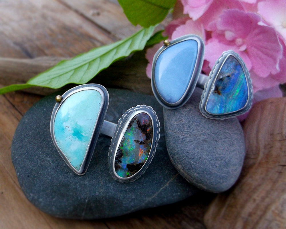 Tide Pool Ring - Australian Opal and Blue Ridge Lightening Turquoise with 18K gold Accent