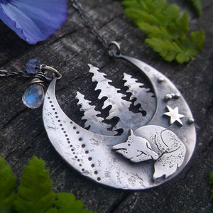 The Sleepig Fox Necklace - Silversmithed Bib Necklace with Moonstone and Tanzanite
