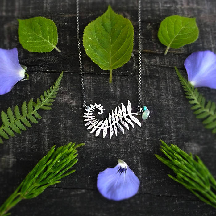 Glowing Fern - Fern Necklace with Chrysoprase and Turquoise