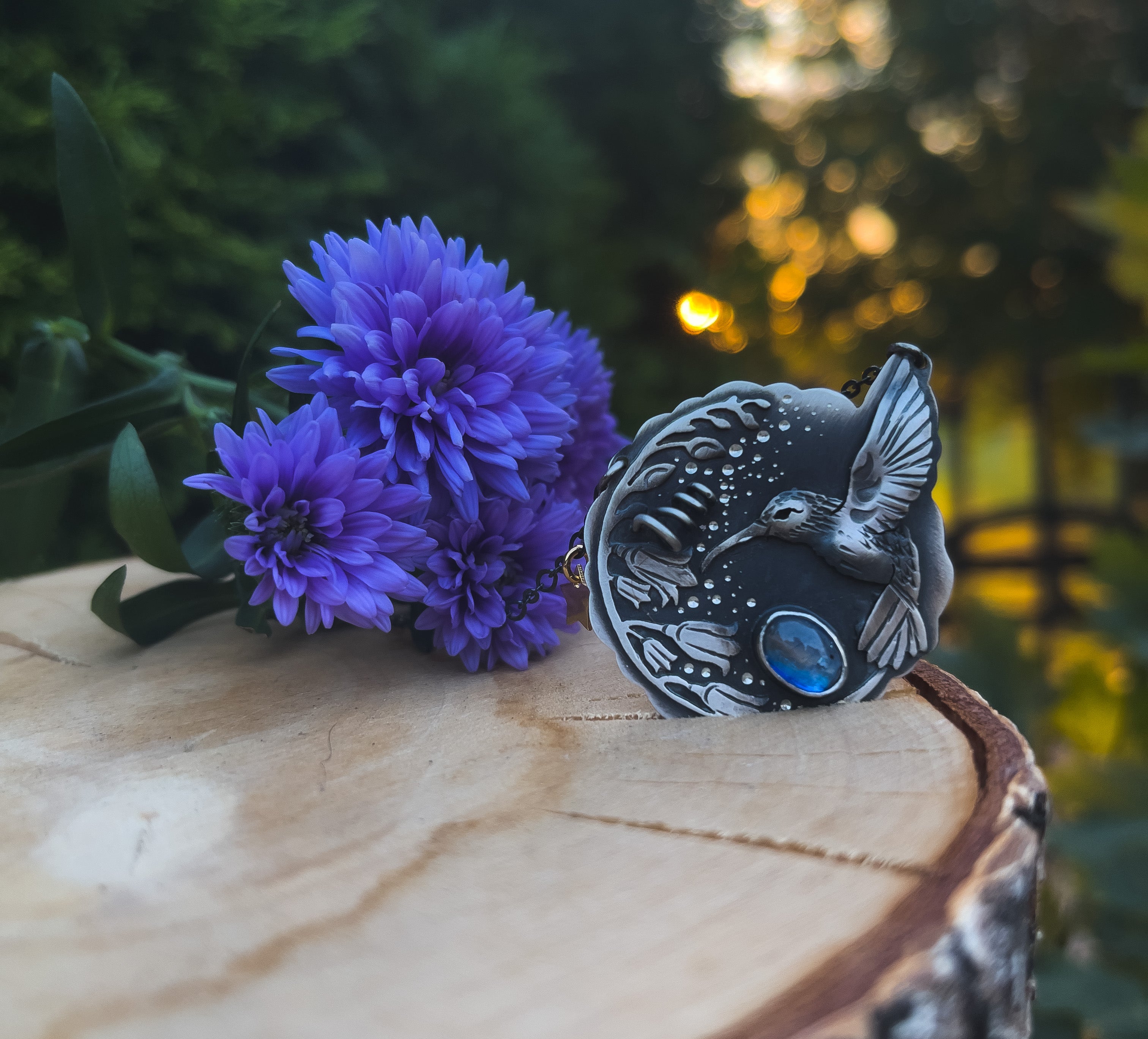The Hummingbird & Bluebell Flowers Necklace II