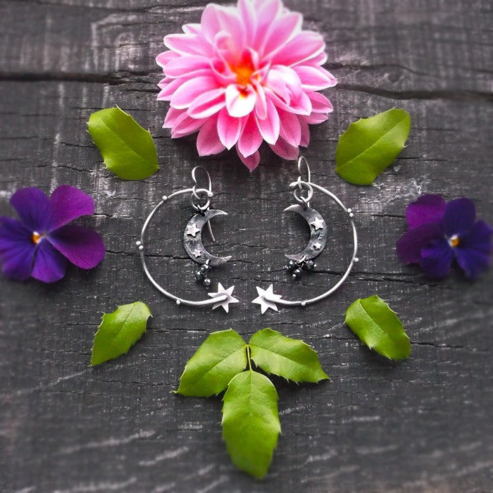 Moonchild Earrings - Silversmithed Earrings with Black Spinel