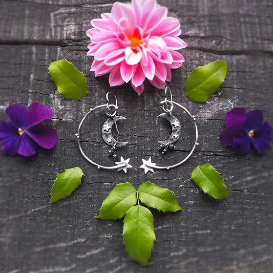 Moonchild Earrings - Silversmithed Earrings with Black Spinel