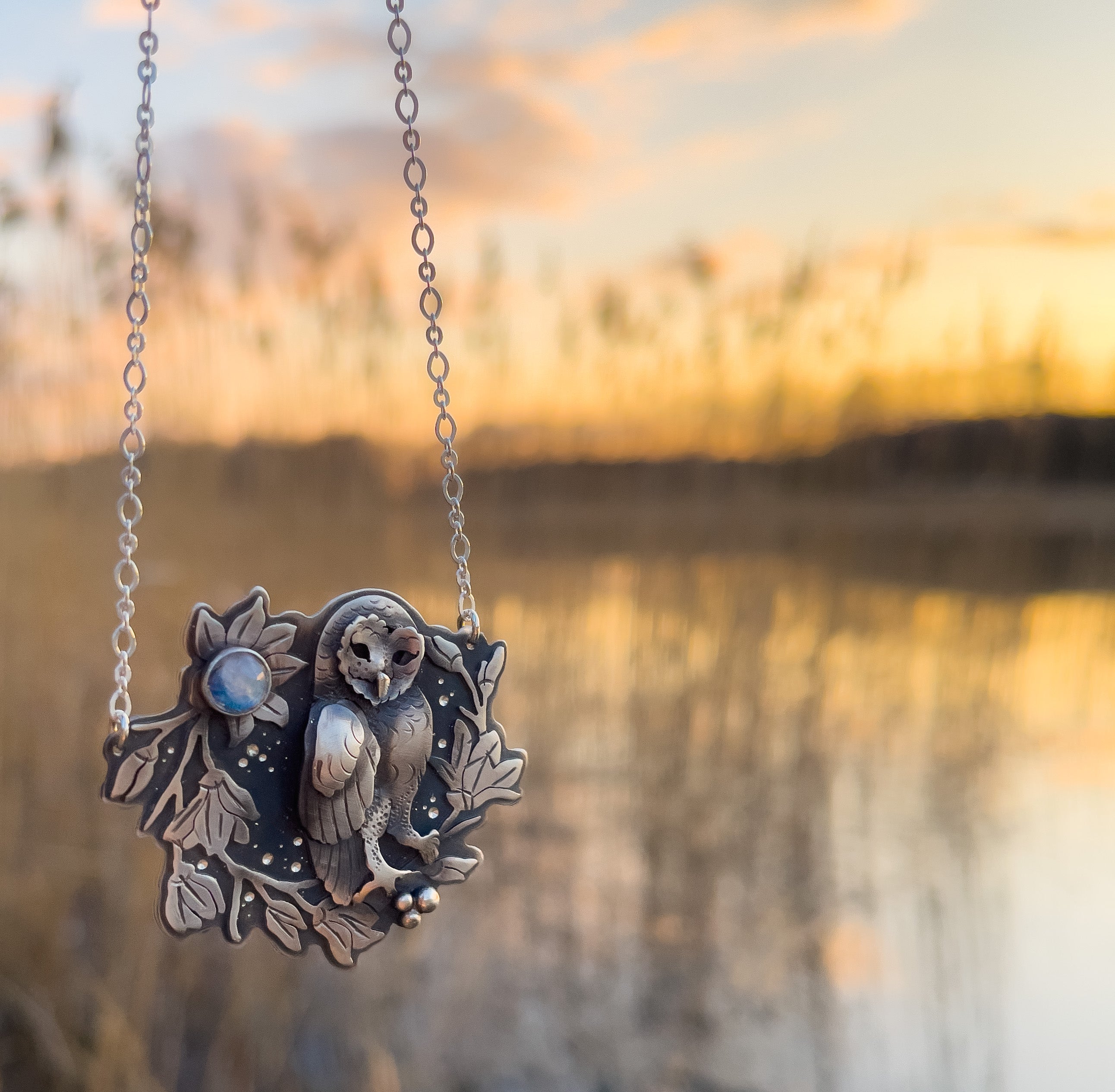 The Little Owl & Magnolia Necklace - Moonstone