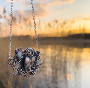 The Little Owl & Magnolia Necklace - Moonstone