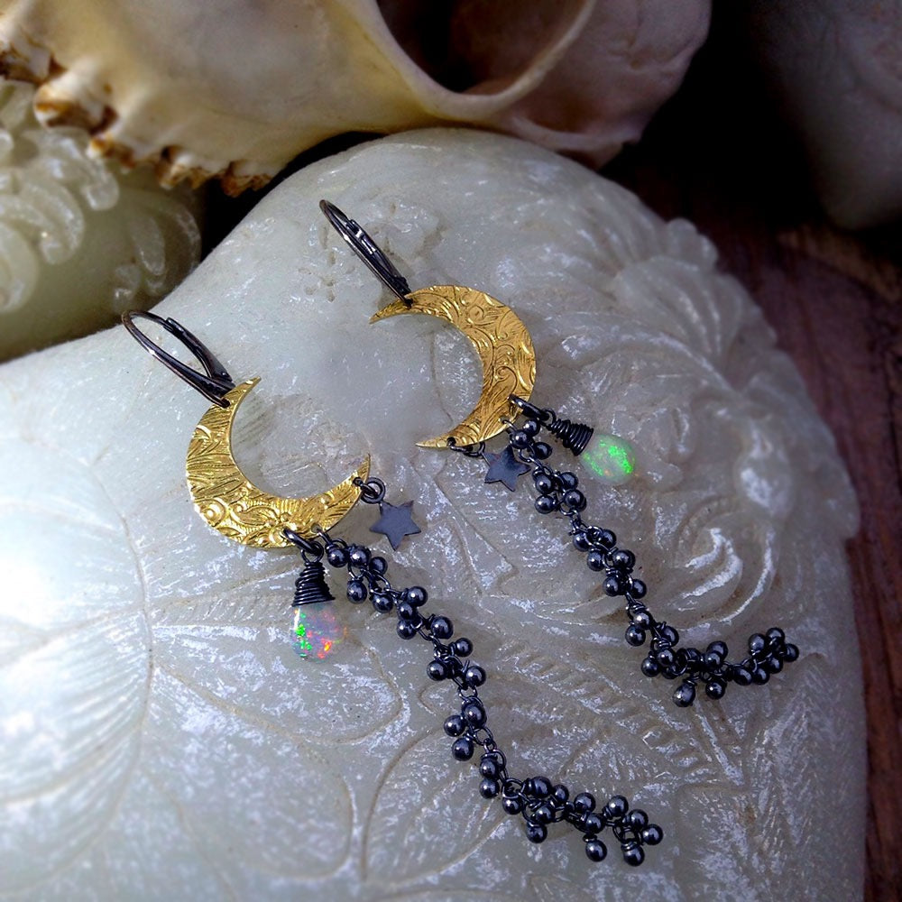 Winter Moon Earrings- Mixed Metal with Opal