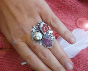 Summer Memories Ring No.1 -  Sapphire, Scottish Pottery and Opalescent Pearl