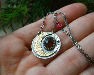 Winter Moon Necklace - Mixed Metal Necklace with Rhodolite