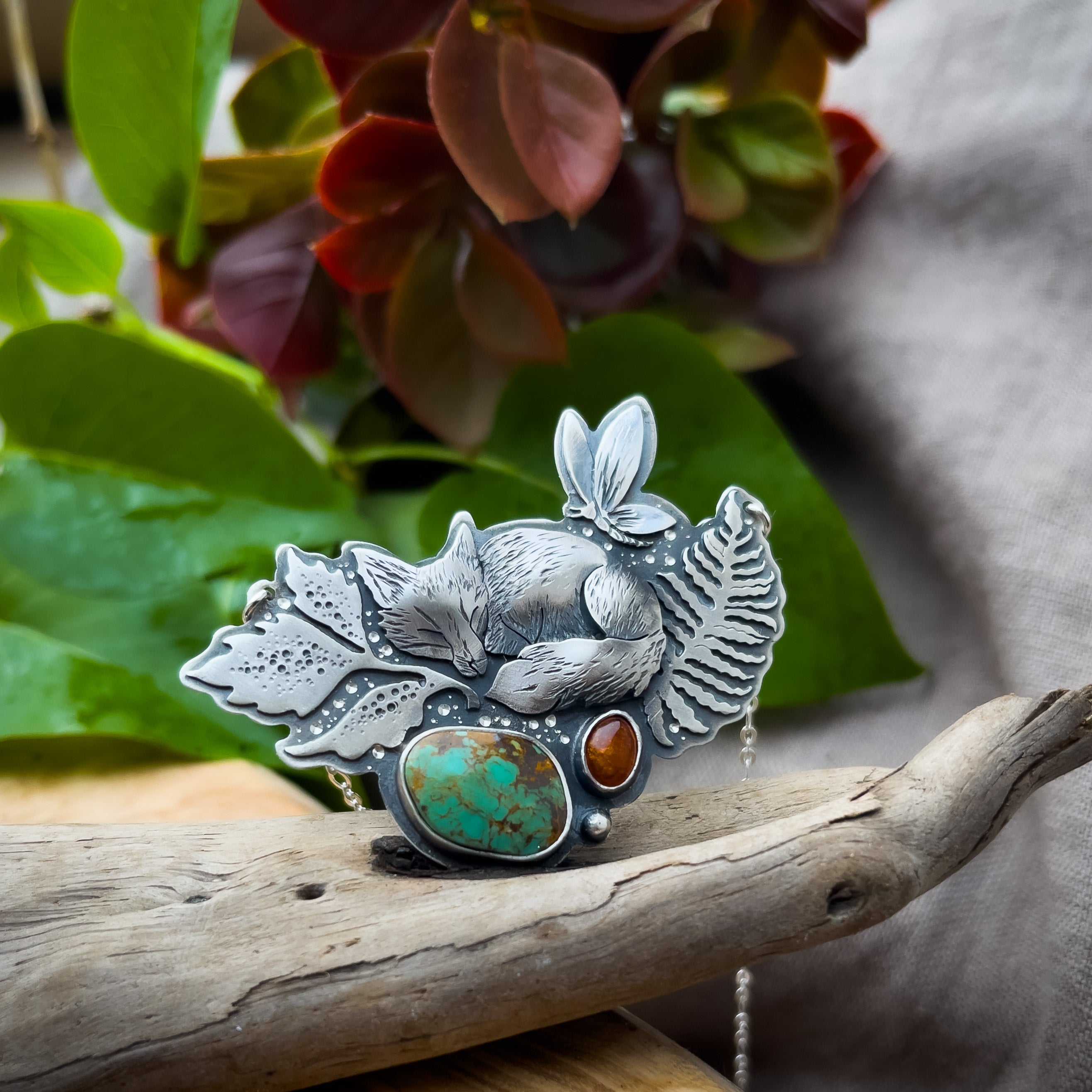 The Sleepig Fox Necklace - Royston Turquoise & Amber