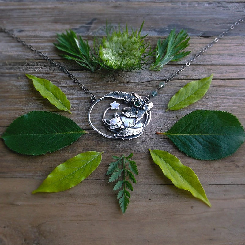 The Sleepig Fox Necklace - Fern, Green Tourmaline and Fluorite