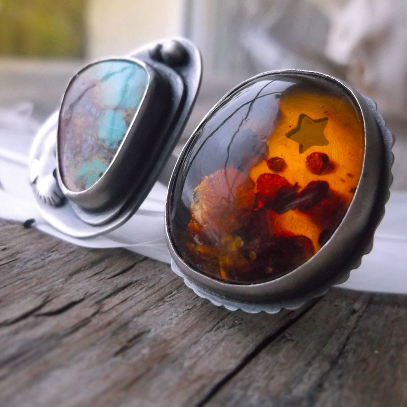 Sacred Wings Double Ring - Amber & Turquoise Ring