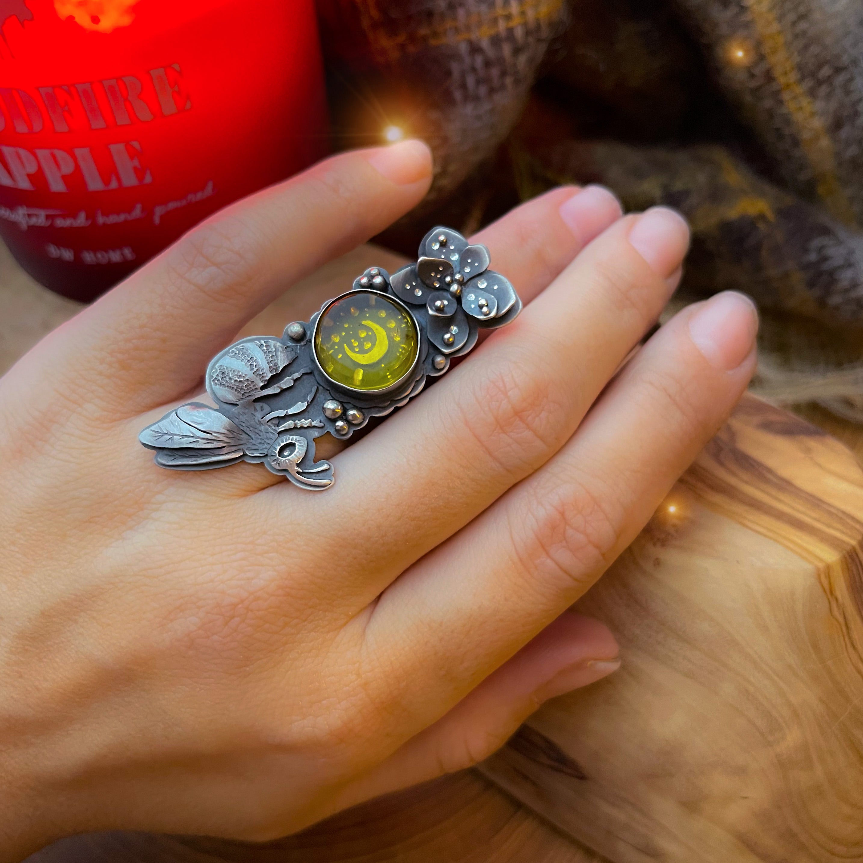 The Night Bee Ring with Baltic Amber 7.5 US