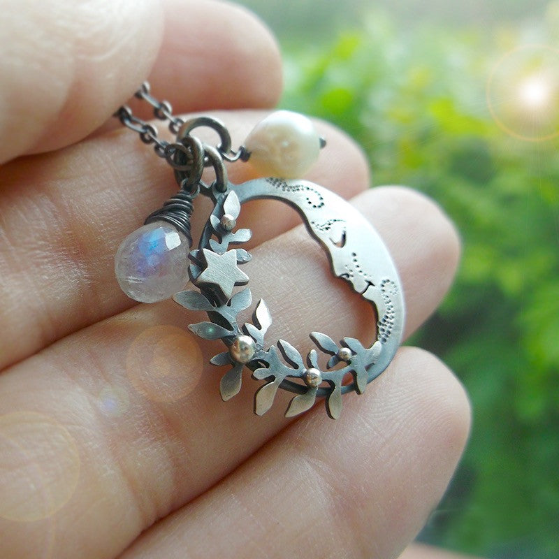 Moonchild Charm Necklace - Moonstone, Pearl and Wreath