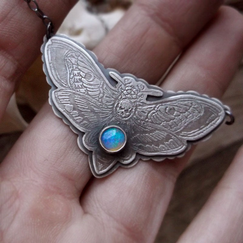 The Moth Necklace - Sterling Silver Opal Necklace