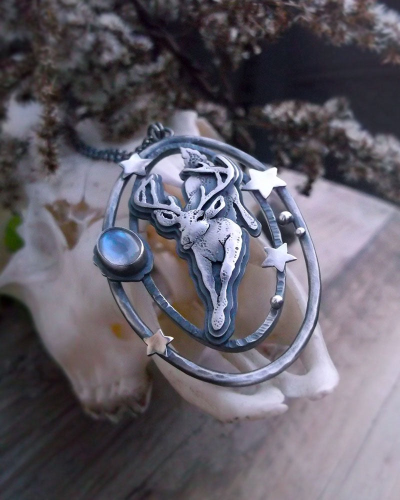 The Night in The Forest Necklace  - Deer Necklace with Moonstone