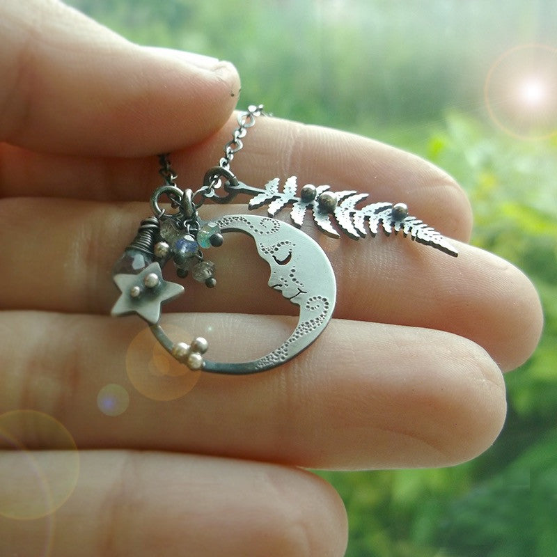 Moonchild Charm Necklace - Fern, Labradorite & Sky Blue Topaz