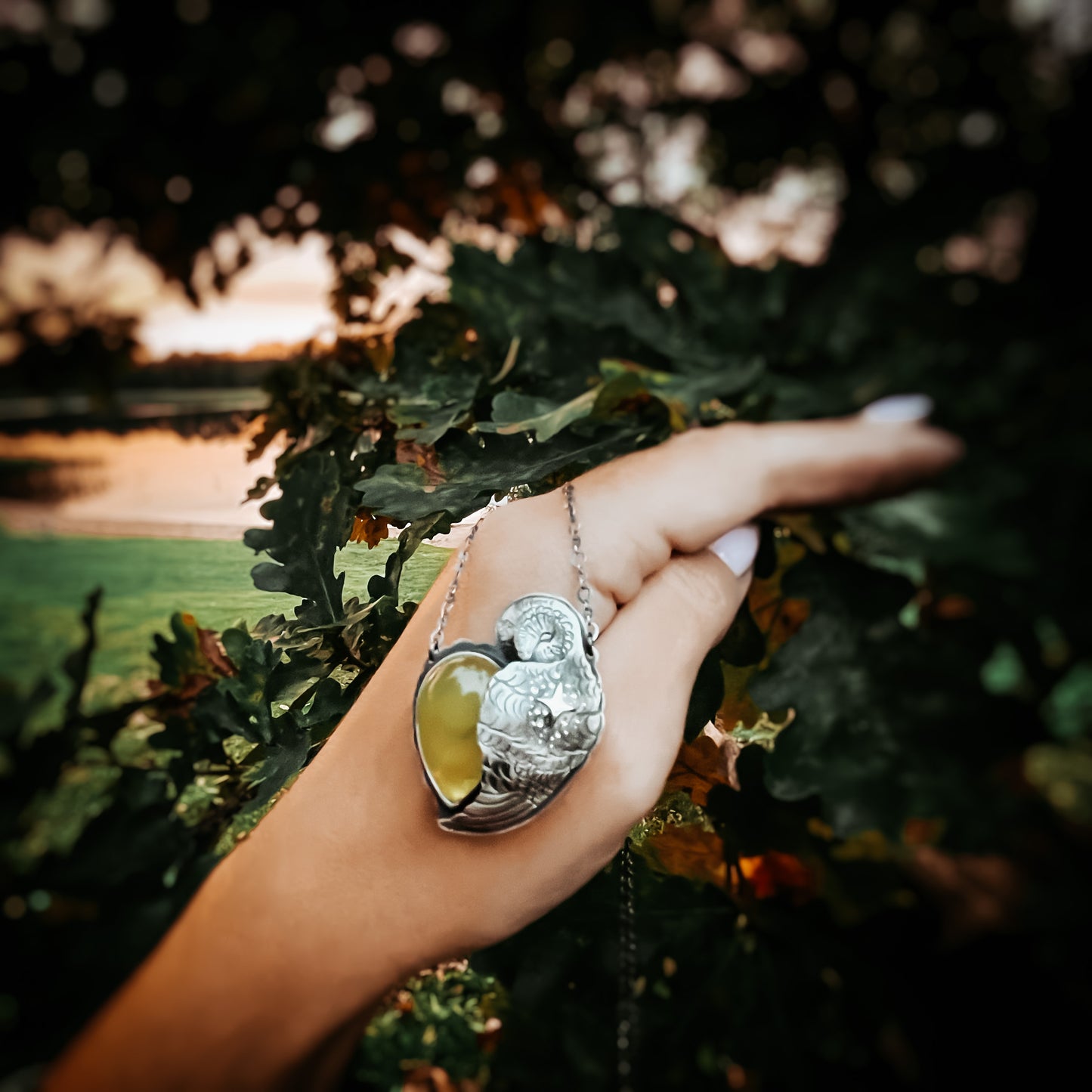 The Sleeping Barn Owl Necklace - Lemon Amber