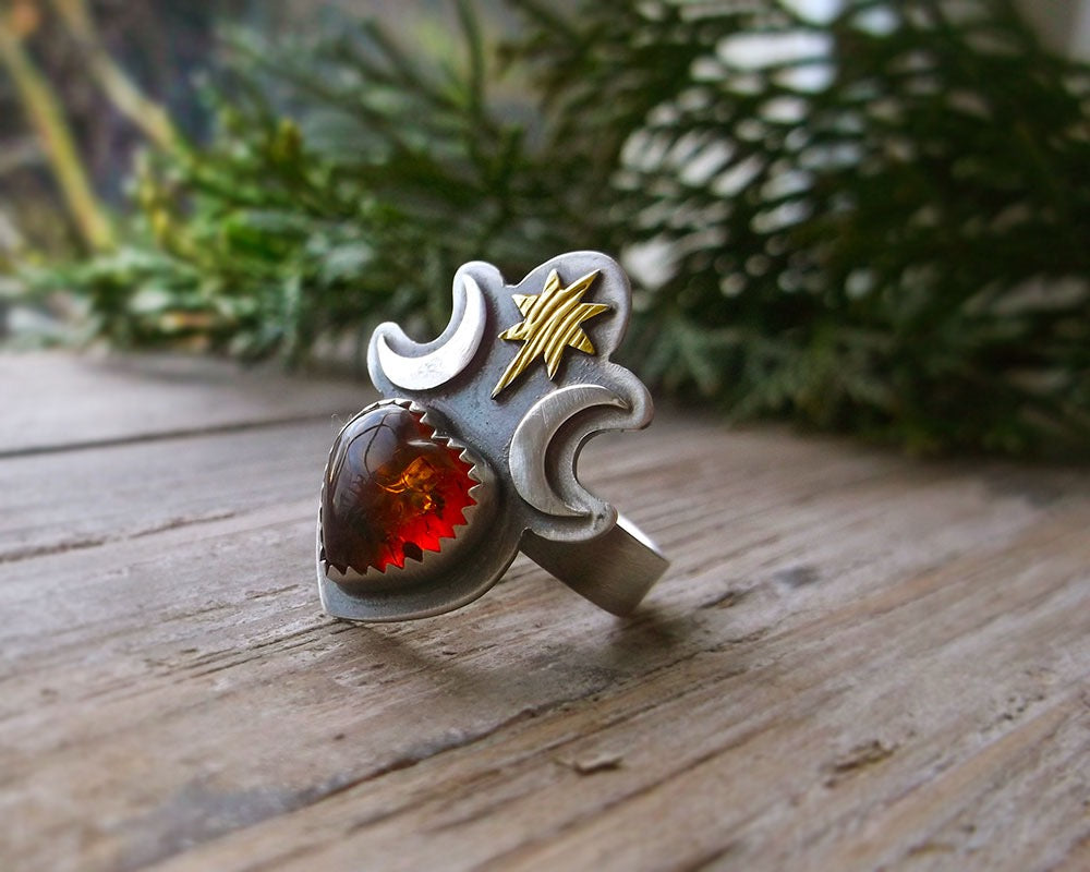 Winter Moon Ring - Mixed Metal Ring with Amber Heart