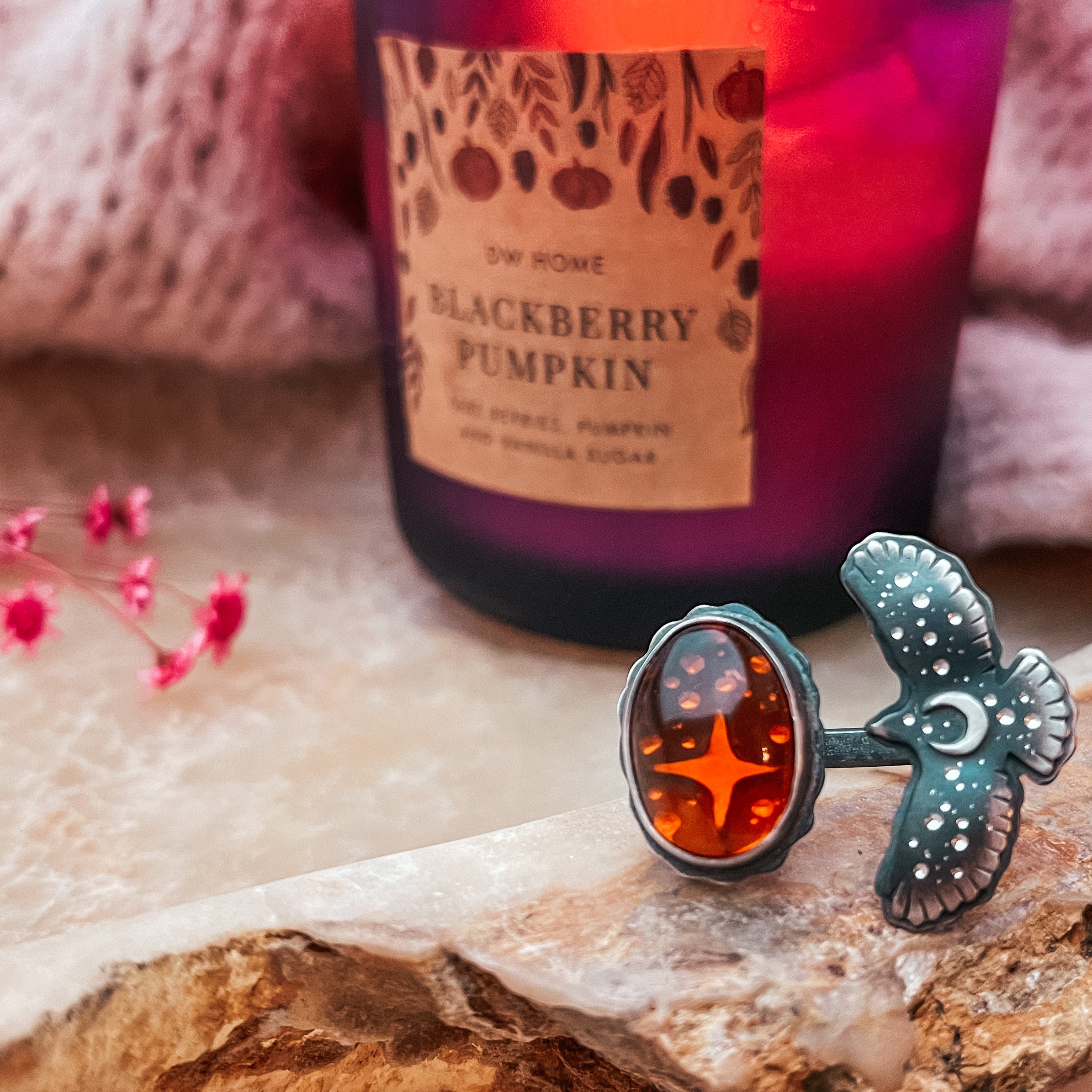 Amber Hawk Medicine Ring 7US