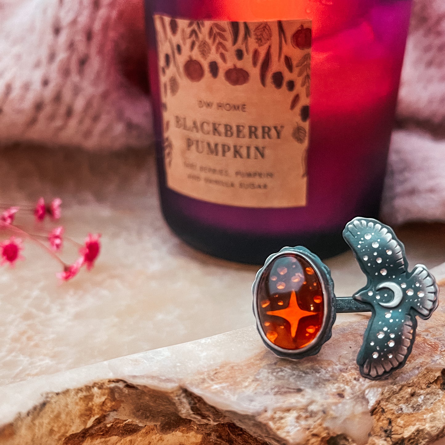 Amber Hawk Medicine Ring 7US