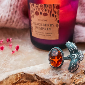 Amber Hawk Medicine Ring 7US