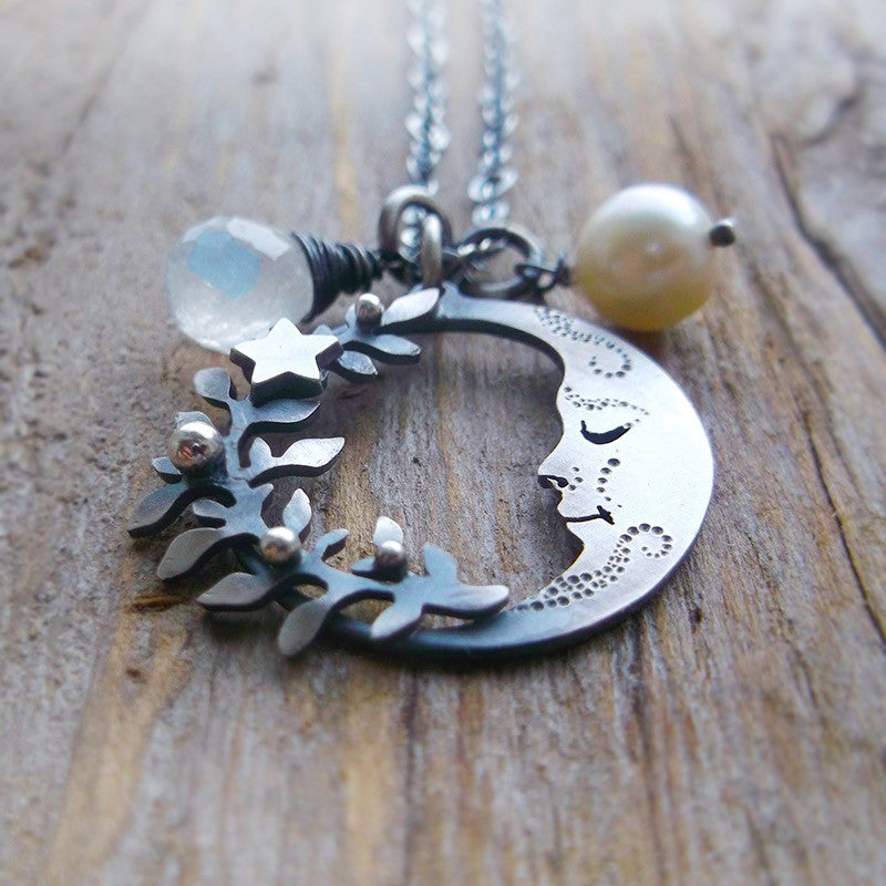 Moonchild Charm Necklace - Moonstone, Pearl and Wreath
