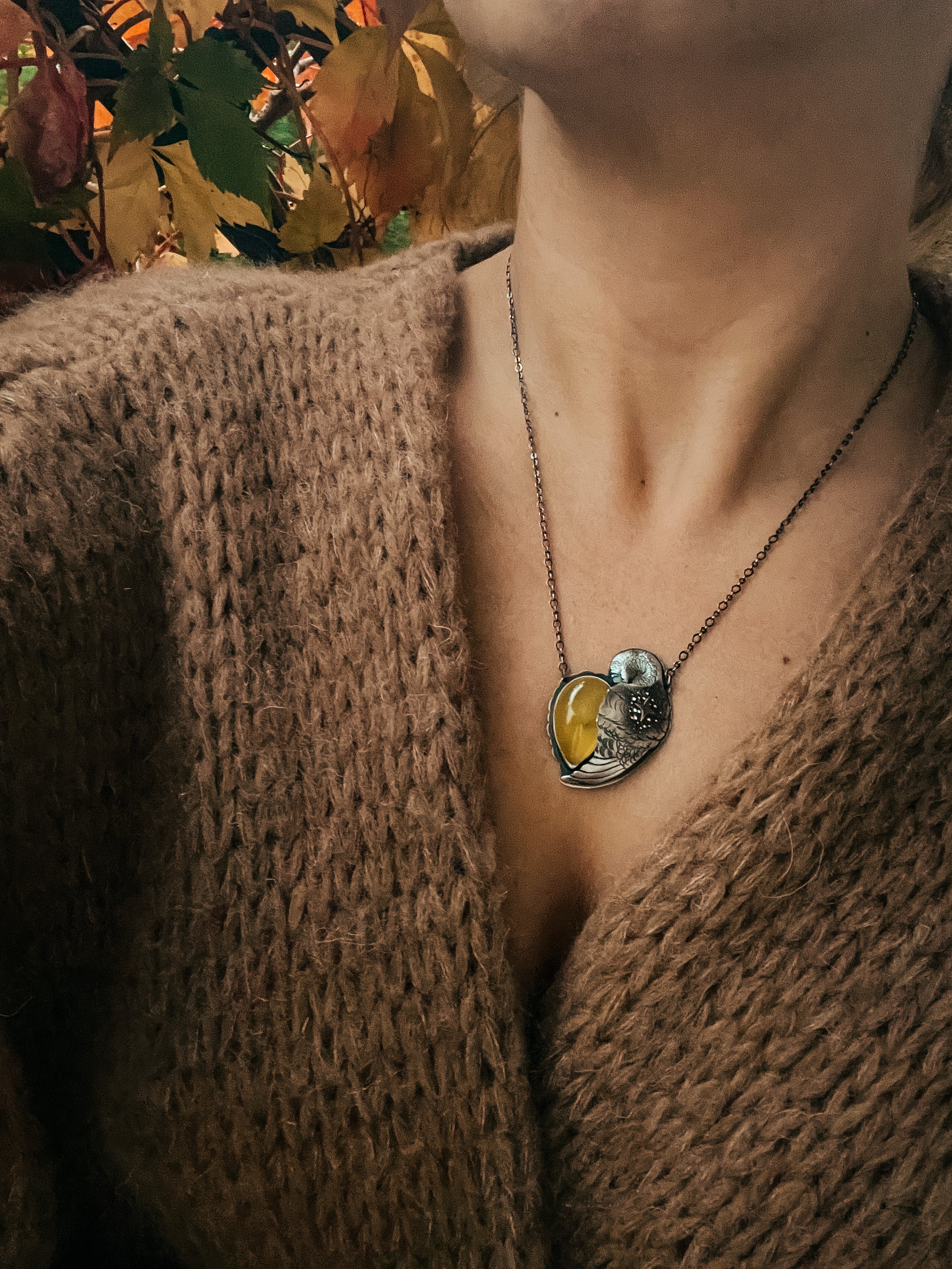 The Sleeping Barn Owl Necklace - Amber of your Choice