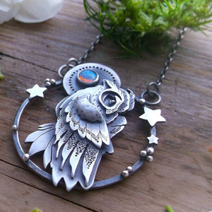 The Owl Necklace - Silver Opal & Turquoise Necklace
