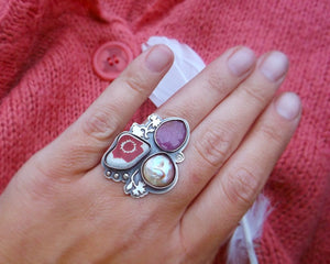 Summer Memories Ring No.1 -  Sapphire, Scottish Pottery and Opalescent Pearl