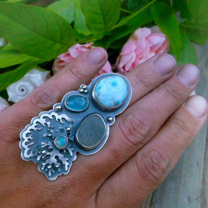 Morning Sea Ring - Larimar, Scottisch River Rock and Ethiopian Opal