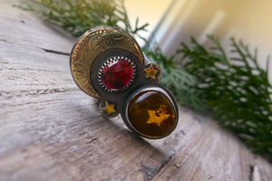 Winter Moon Ring - Mixed Metal Ring with Amber & Rhodolite