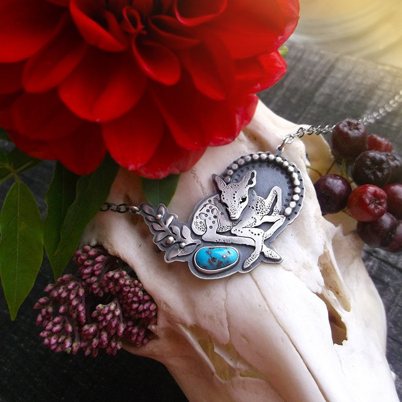 Baby Deer Necklace - Bambi Sleeping Beauty Turquoise Necklace