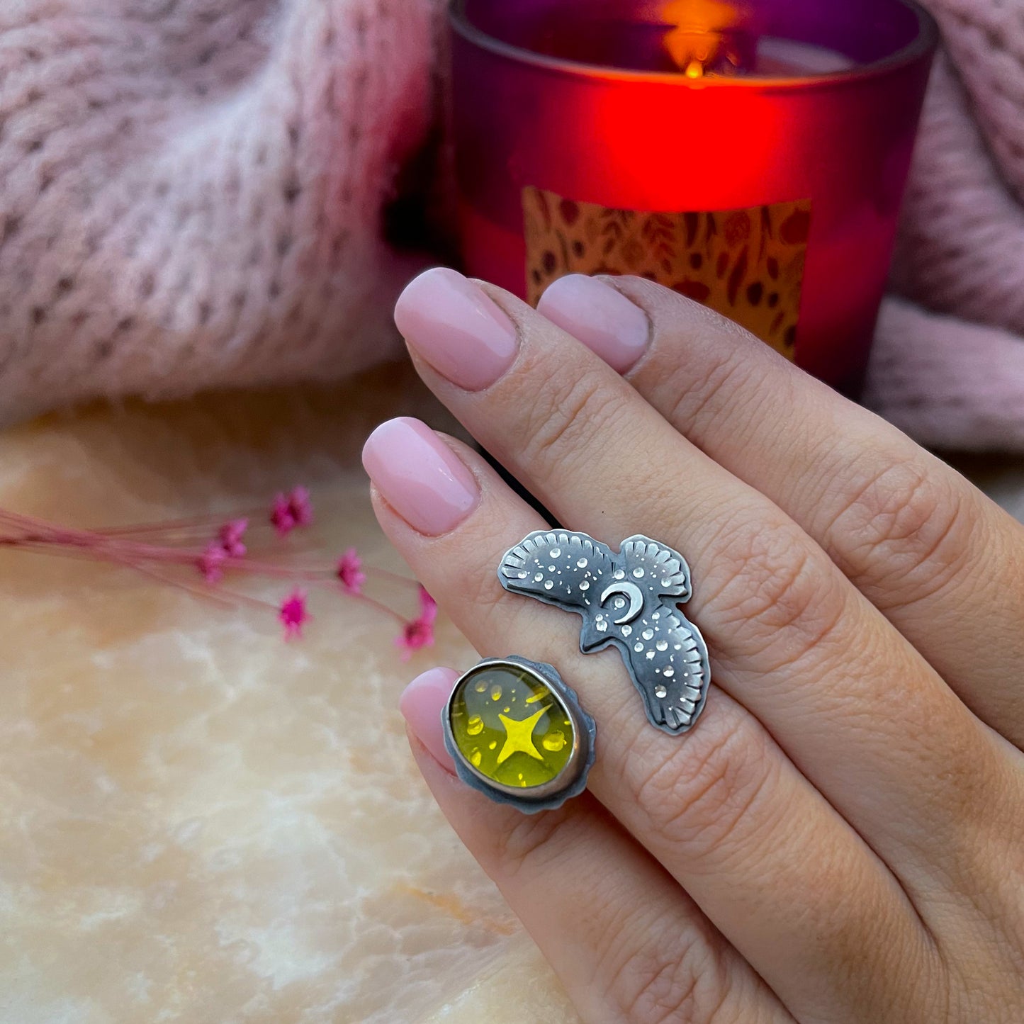 Amber Hawk Medicine Ring 6US