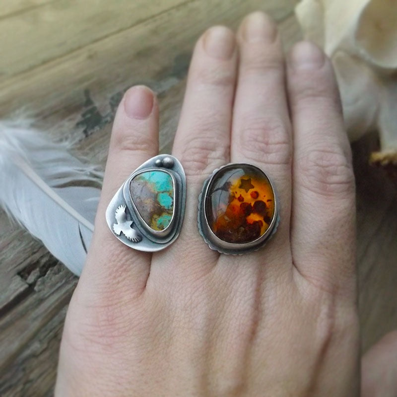 Sacred Wings Double Ring - Amber & Turquoise Ring