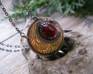 Winter Moon Necklace - Mixed Metal Necklace with Rhodolite