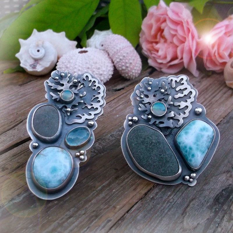 Morning Sea Ring - Larimar, Scottisch River Rock and Ethiopian Opal