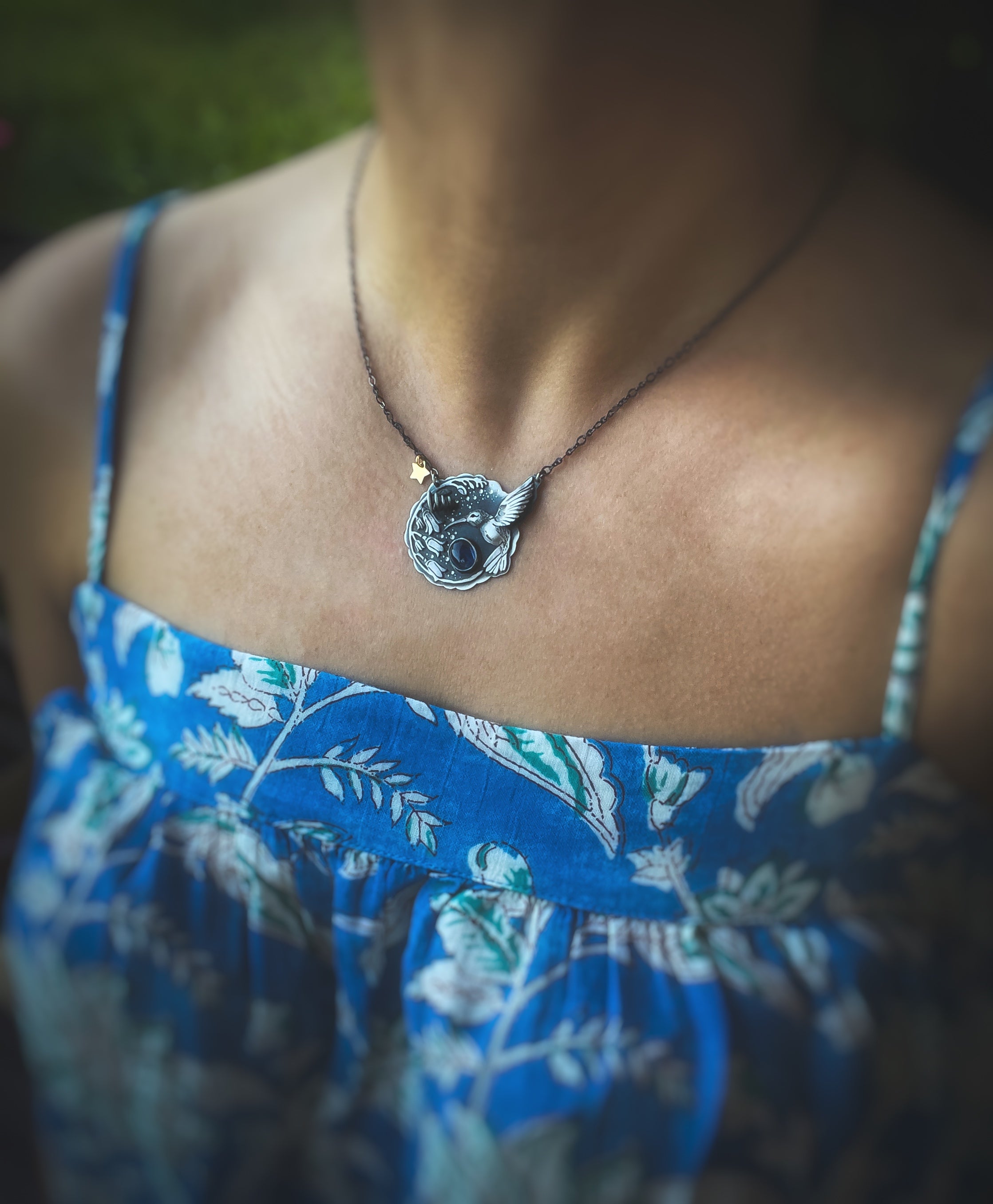 The Hummingbird & Bluebell Flowers Necklace II