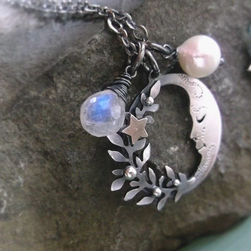 Moonchild Charm Necklace - Moonstone, Pearl and Wreath
