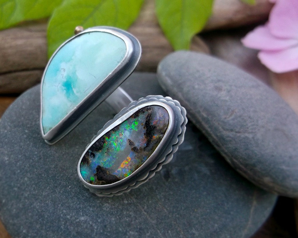 Tide Pool Ring - Australian Opal and Blue Ridge Lightening Turquoise with 18K gold Accent