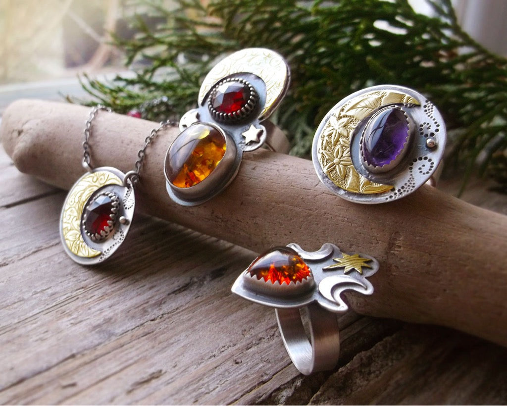 Winter Moon Ring - Mixed Metal Ring with Amber Heart