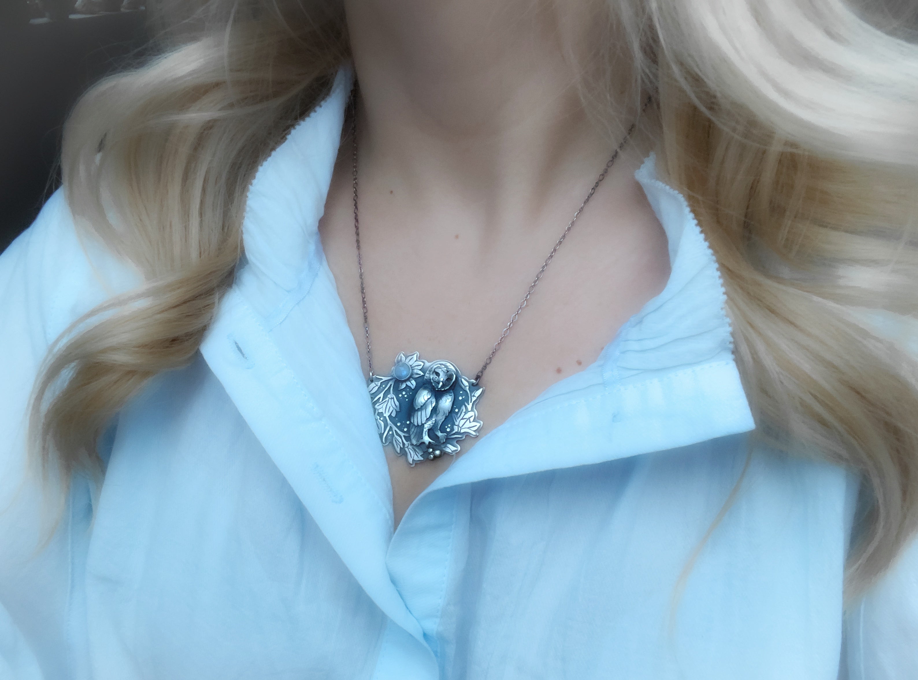 The Little Owl & Magnolia Necklace - Moonstone