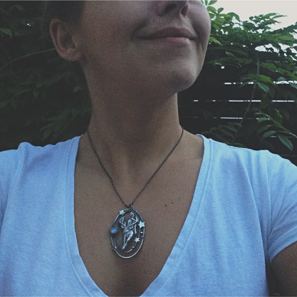 The Night in The Forest Necklace  - Deer Necklace with Moonstone