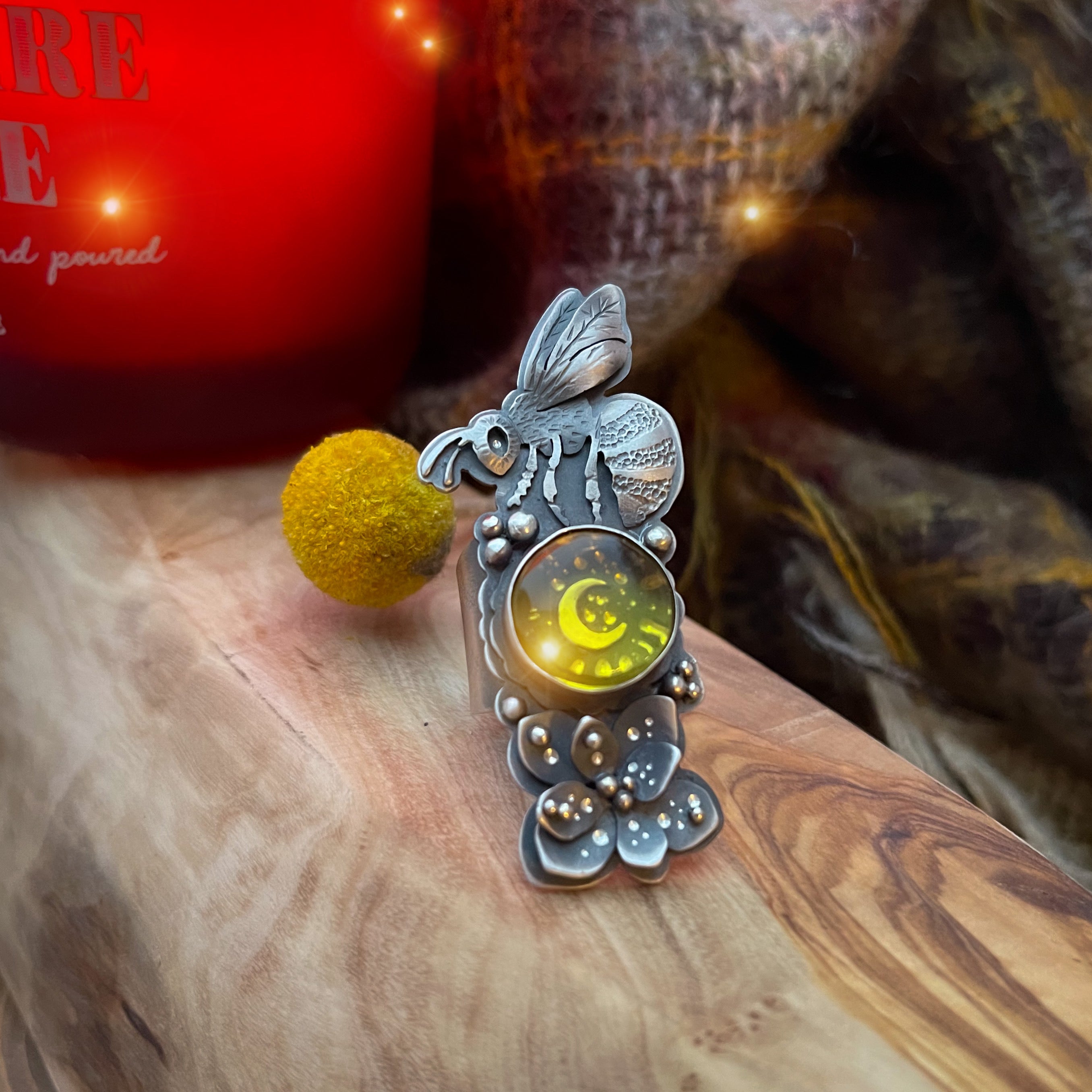The Night Bee Ring with Baltic Amber 7.5 US