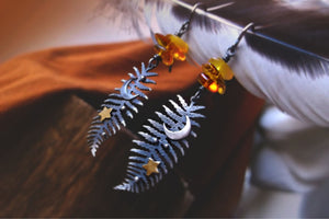 Winter Moon & Fern Earrings-Mixed Metal Amber Earrings