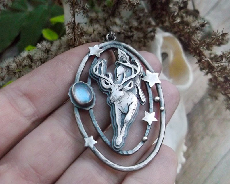 The Night in The Forest Necklace  - Deer Necklace with Moonstone