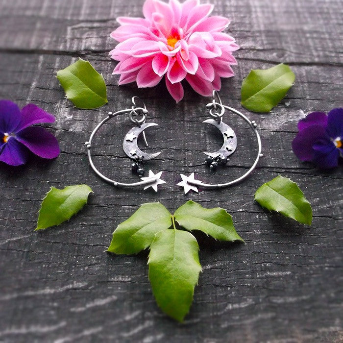 Moonchild Earrings - Silversmithed Earrings with Black Spinel