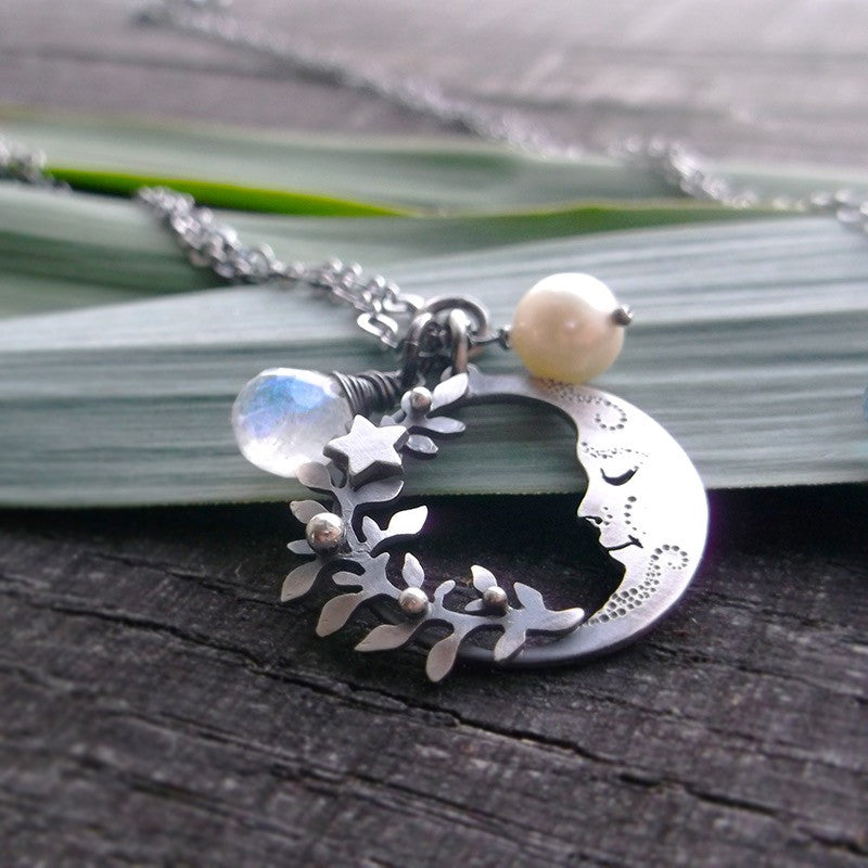 Moonchild Charm Necklace - Moonstone, Pearl and Wreath