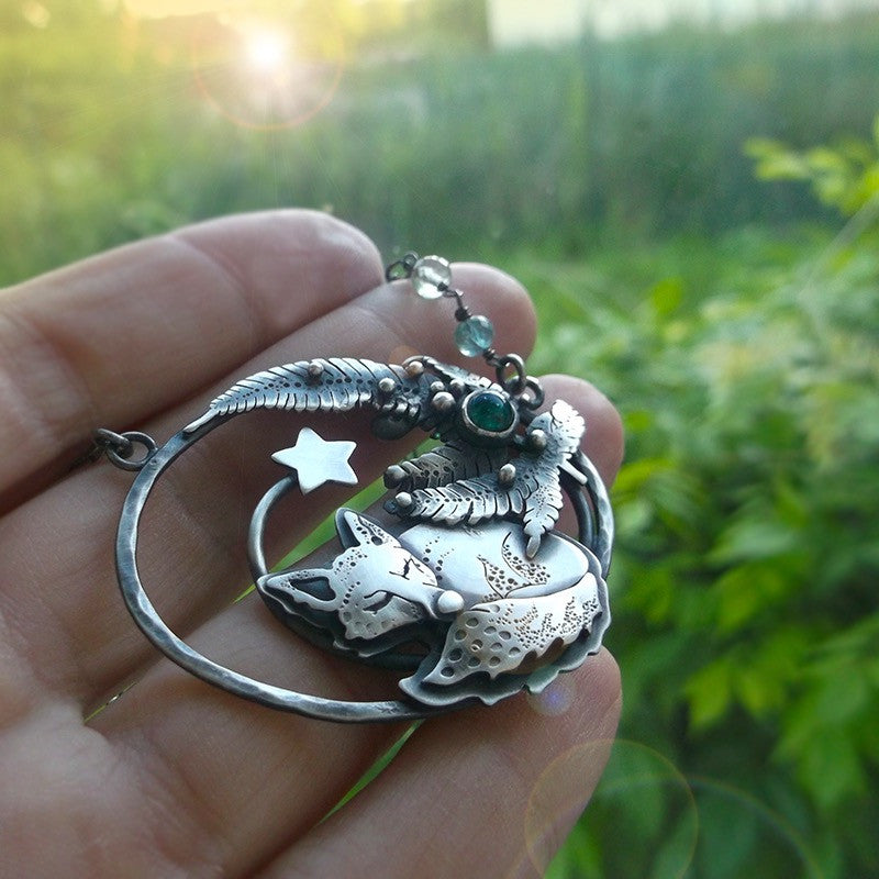 The Sleepig Fox Necklace - Fern, Green Tourmaline and Fluorite
