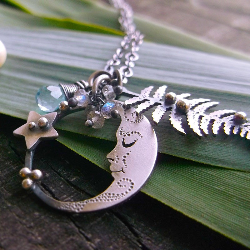 Moonchild Charm Necklace - Fern, Labradorite & Sky Blue Topaz