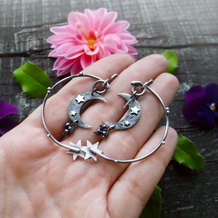 Moonchild Earrings - Silversmithed Earrings with Black Spinel